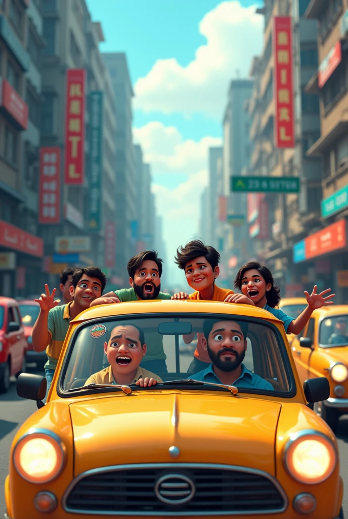 I need a animated pic where famous person of Bangladesh like Salman F Rahman, Arafat, Palak, Anisul sitting in the car at traffic in dhaka. Situation is that ther are in heavy traffic.