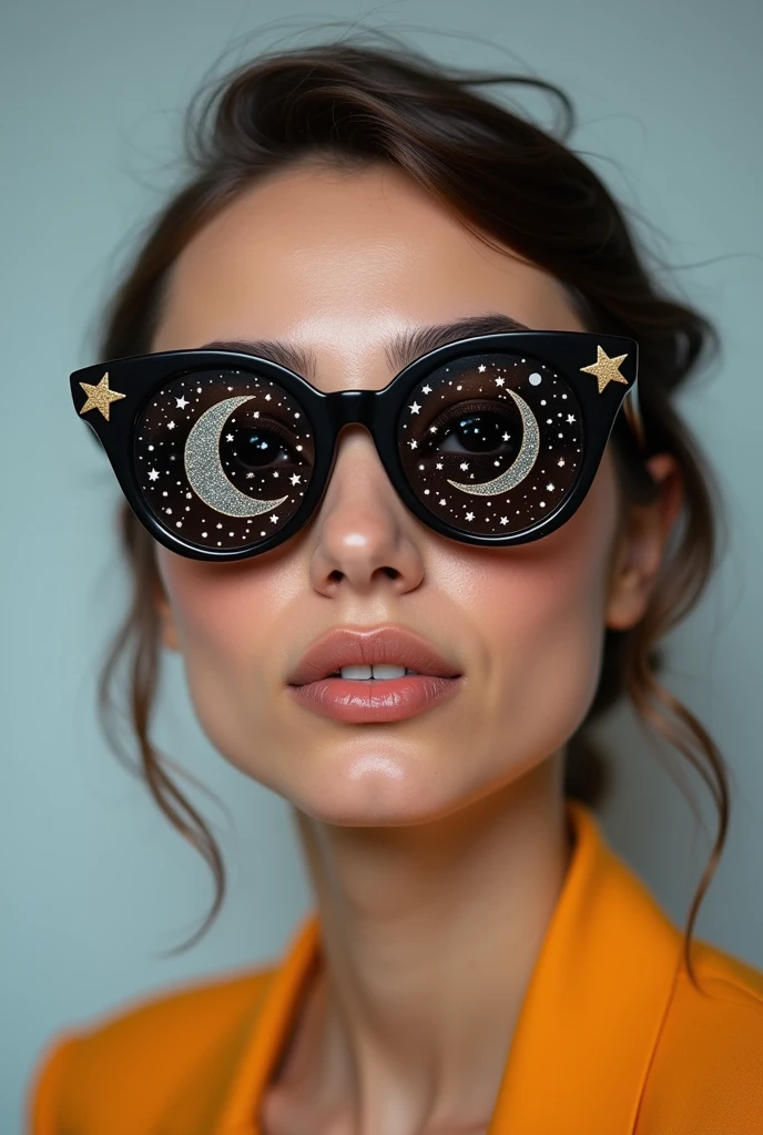 The model is wearing glass sunglasses with stars and the moon on the glass