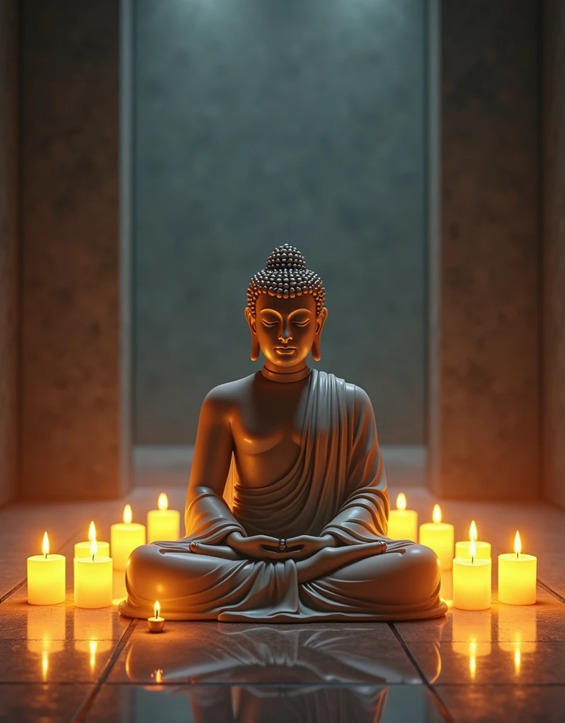 Buddha sitting in meditation with candles in front of him