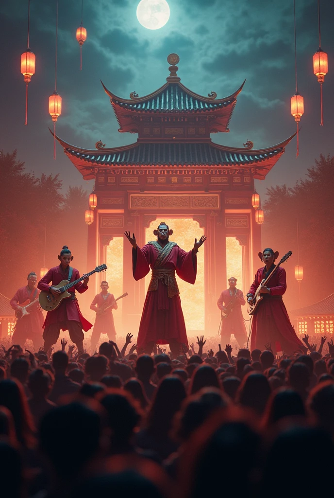 Chinese Mythology Journey to the West,Qi Tian Great Sage,Pig,Tang Sanzang,Sha Wujing,rock band,Concert stage,temple background,Night,A crowd,detail,Surreal,masterpiece,8K wind resolution,overclocked renderer,
