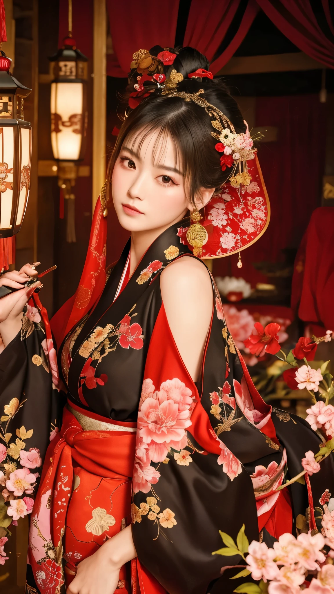 "Create a hyper-realistic and dramatic scene in 1080x1920 resolution featuring a traditional Japanese courtesan (Oiran) in a luxurious setting. The courtesan should be dressed in an elaborate kimono with intricate patterns, including red, gold, and black colors. She is posed gracefully, holding a red parasol, with a delicate and thoughtful expression on her face. Her hairstyle is ornate, adorned with traditional hairpins and flowers. The setting includes a richly decorated room with a soft, warm lighting that highlights the vibrant colors of her attire and the textures around her. Cherry blossom branches and a traditional red lantern add to the scene’s authentic and serene atmosphere. The overall mood should be elegant and mysterious, capturing the beauty and tradition of Japanese culture."