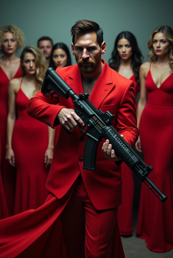 Messi is a gangster wearing red dress with a big gun with some people also wearing red dress