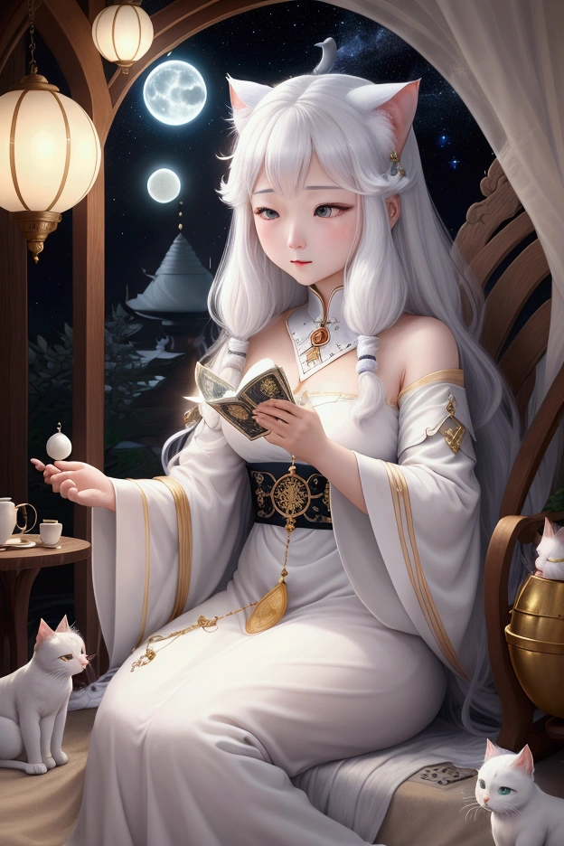 A white cat enjoying fortune telling with tarot cards in a fantastical atmosphere。The cat has fluffy white fur、She has beautiful eyes。The cat is holding a tarot card、A serious look at fortune telling。Soft light shines into the background、Stars and Moon、Elements of a magical forest are scattered throughout the space.。Overall, a dreamy fantasy world unfolds.、Heals the hearts of those who see it