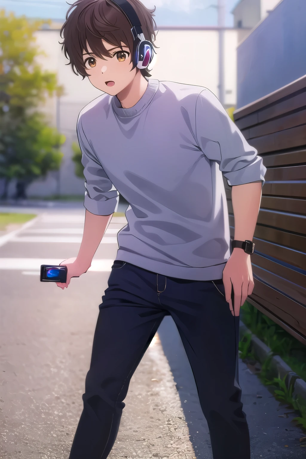 photorealistic, (4k), depth of field, (Masterpiece), (realistic skin texture), extremely detailed, intricate, hyper detailed, high resolution, professional photography, , depth of field, sharp detail, best quality, , 1boy, solo, male focus, shun_tokinoya, brown hair, brown eyes, , bangs, , , Fiesta, HD, Con Auriculares, sudadera, cuerpo completo, pantalon largo, tenis blanco & negro, Dj, De la cabeza hasta los pies, manos alzadas.