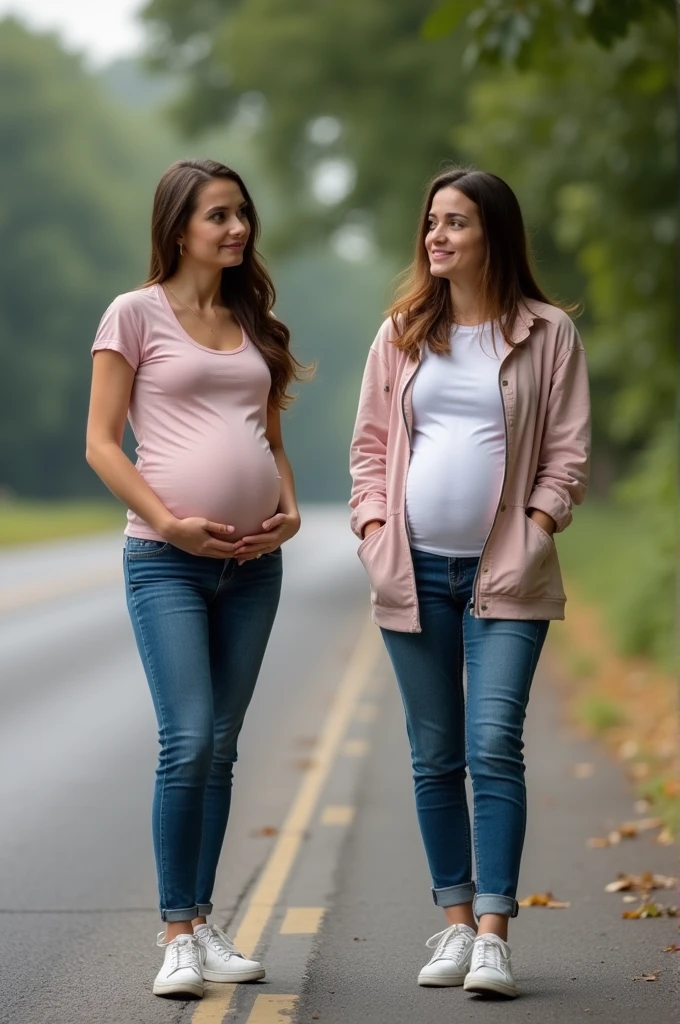Give me a image of prgnant lady and her sister is not pregnant waiting on the road with tenction