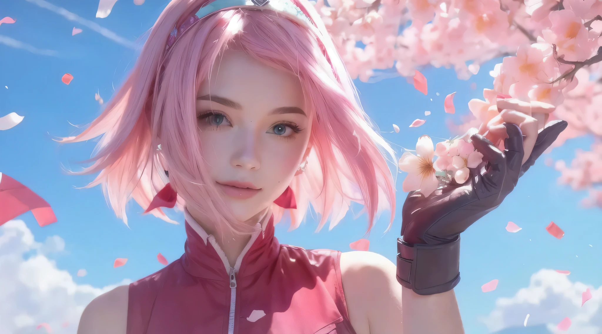girl with pink hair and gloves holding a flower