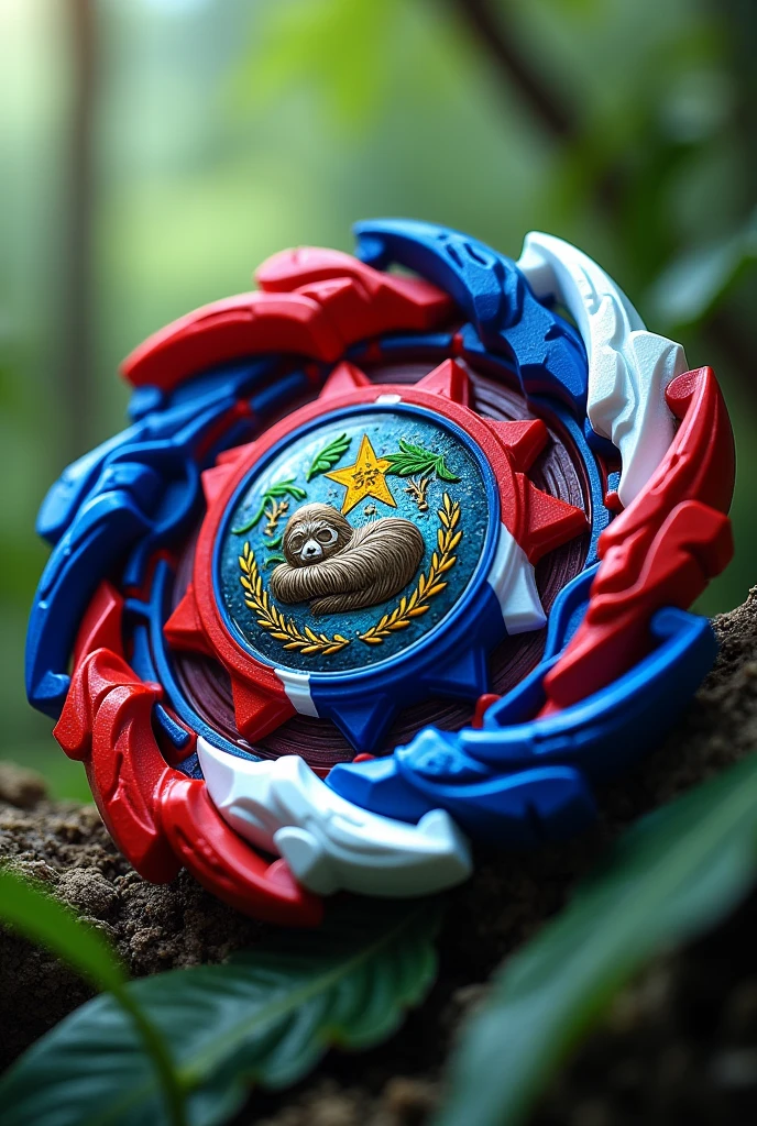 A beyblade with the colors of the Costa Rican flag and the symbol is the sloth animal 