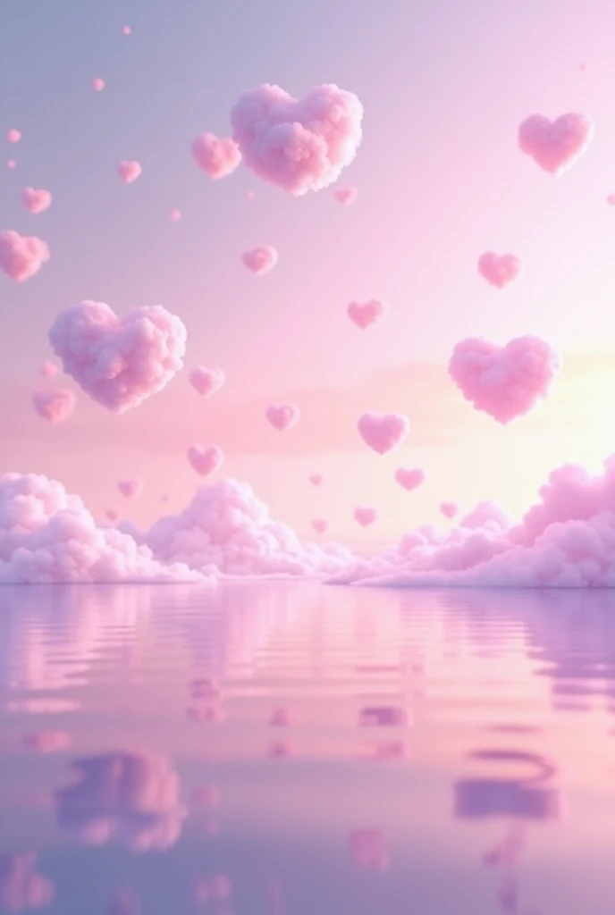 「Floating in the pink and purple gradient sky々10 heart-shaped clouds of the same size、A fantastic view reflected on the lake surface」4K、high resolution