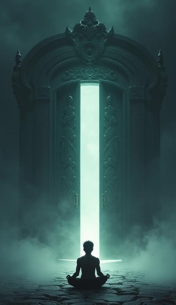 Nachiketa, now alone, is waiting at the grand, imposing entrance of Yama’s realm. The surroundings are mystical and eerie, with swirling fog and a dark, vast landscape. The large, ornate door is slightly ajar, with a faint, ominous glow emanating from inside. Nachiketa looks tired but resolute, sitting cross-legged at the doorstep.