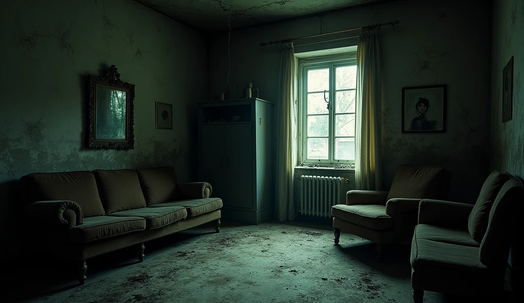 "The inside of the old bungalow is dimly lit, with cracked walls, dusty furniture, and cobwebs hanging from the corners. A cracked mirror hangs on one wall, and a faded portrait of a woman stares down from another. The atmosphere is cold and unwelcoming, with shadows pooling in the corners. The overall feel is one of neglect and an eerie sense of something lurking just out of sight."