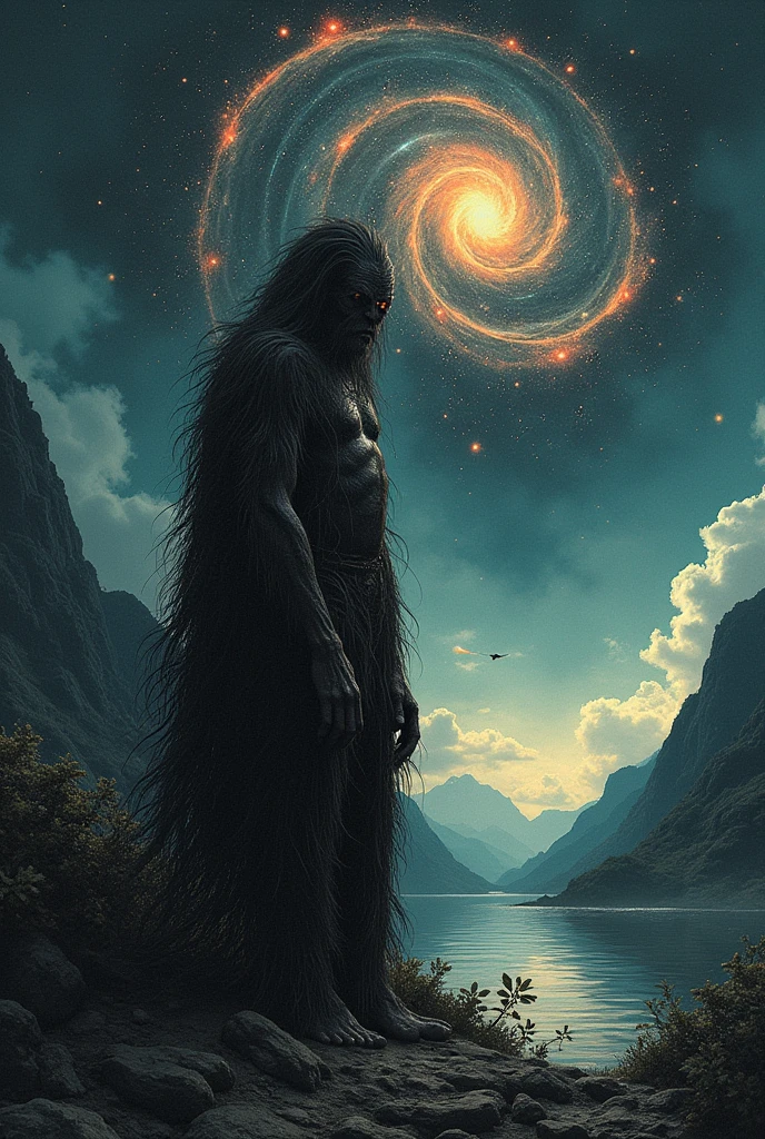 dreamlike art, [light, paint, jwst, spiral galaxy, cosmic horror beyond comprehension: ink, shadow,:0.25], 1 Borneo Dayak, eyes, pupils, dublex, mountain horizon, sun, with text PakUdak_Tv17 [error| data control