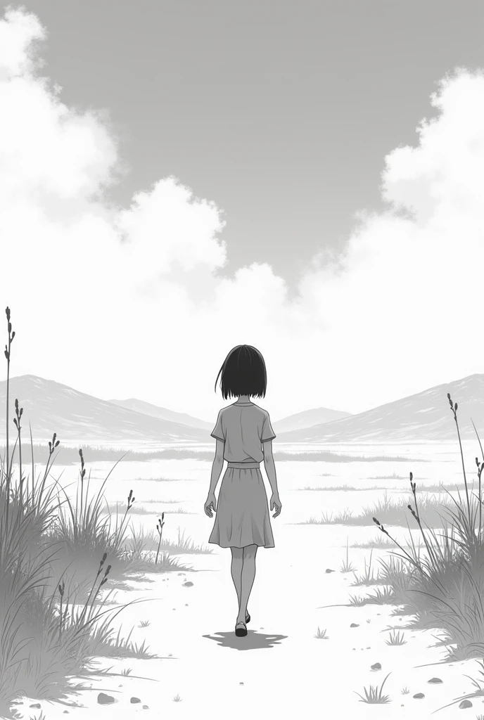 An anime girl with a landscape where the girl is walking in black and white with no people around but a little closer the girl looking straight ahead