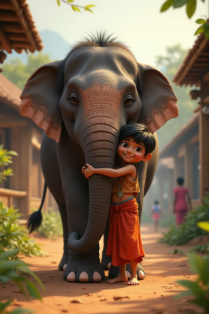 "Raju hugging Appu tightly around his trunk in a heartwarming moment. The scene shows their deep bond, with Raju smiling and Appu looking content and protective. The background includes a peaceful village scene with warm, gentle lighting."