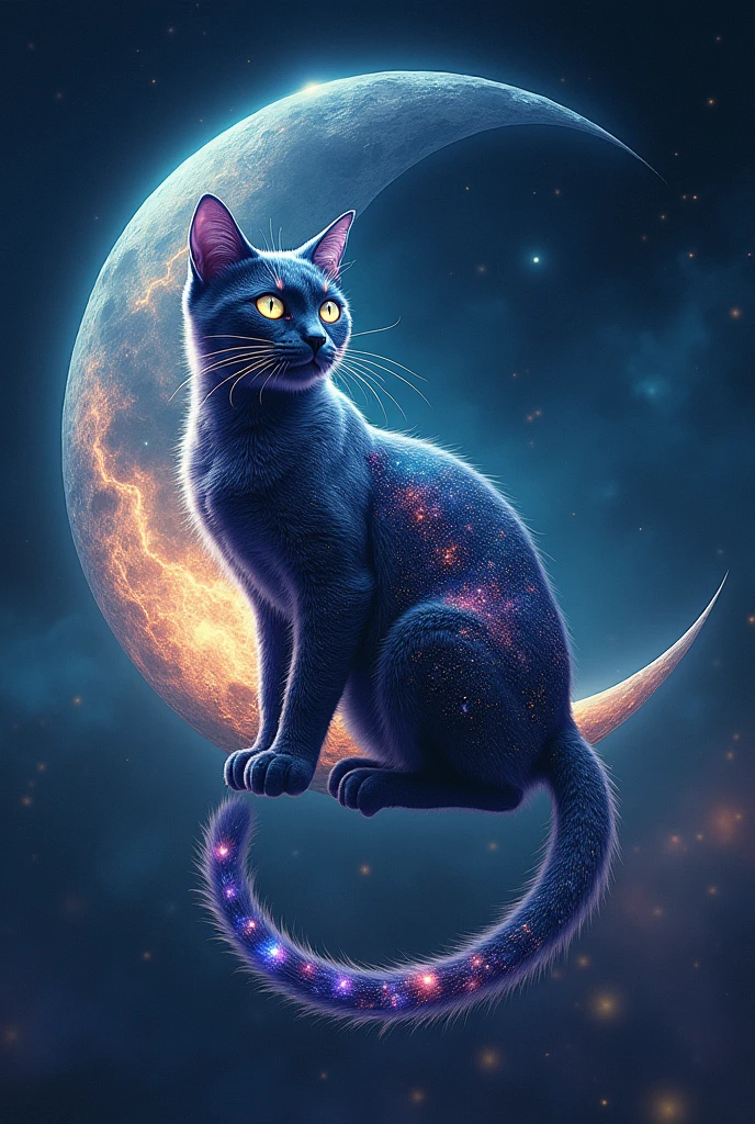 A majestic cat perched on a crescent moon, its fur swirling with galaxies and stars. Its eyes glow with cosmic energy, and its tail stretches across the Milky Way,