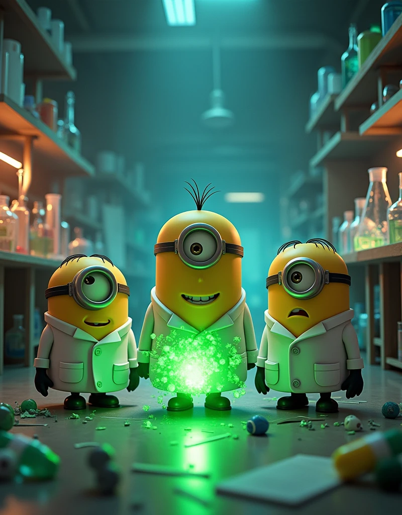 Laboratory in chaos, Minion Bob holding a glowing green chemical pill ready to take it, with Kevin and Stuart in scientist suits standing behind looking on hopefully. Ánh sáng màu xanh lan tỏa nhẹ nhàng từ ống thuốc.