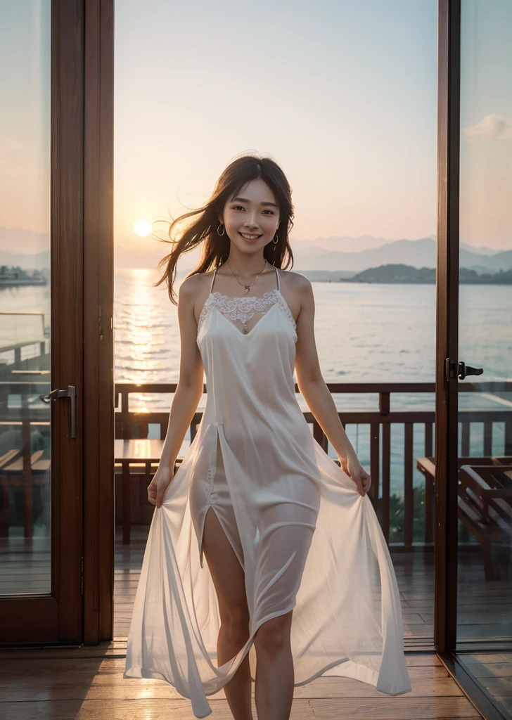 (1 female)、Highest quality、masterpiece、Ultra-high resolution、(Photographic realism:1.4)、Original photo,Octane Rendering、8k、Ultra Sharp、Extremely detailed CG),(((8k))),wallpaper,((Very sophisticated and beautiful)),(((masterpiece))),(((Highest quality))),(((Ultra-high resolution))),Beautiful lighting,Perfect Lightning,Realistic shadows,Beautiful sunset in the background、Beautiful delicate silk dress、Show your teeth and smile、Oriental、East Asia、Summer evening、Sunset、The Sunset Sun、horizon、Focus on the front.Proper body balance,Beautiful Hands,Beautiful fingers,Detailed functions of the fingers,Bright smile,