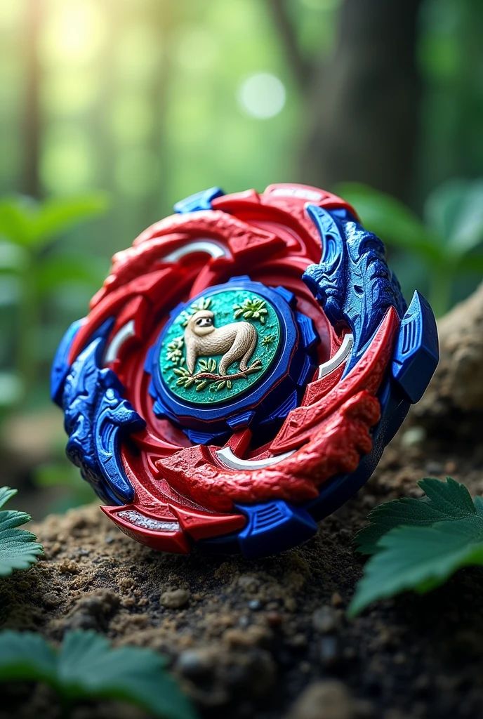 A beyblade with the colors of the Costa Rican flag and the symbol is the sloth animal 