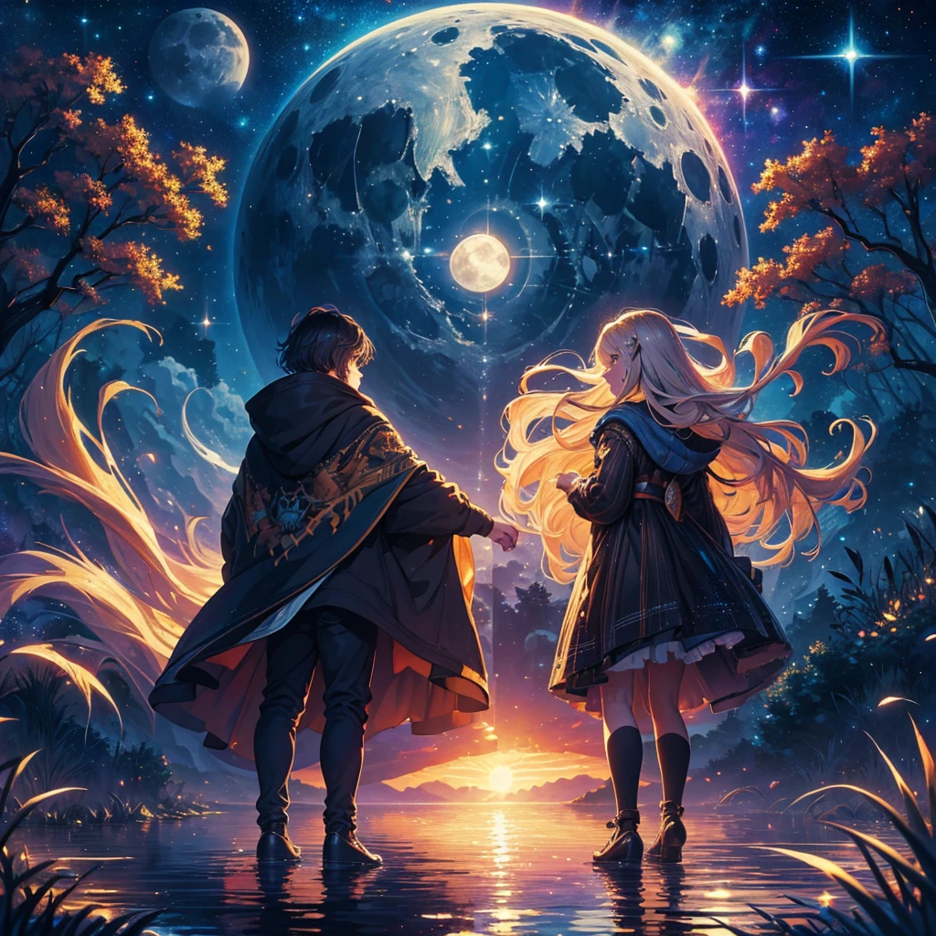 a painting of a lake with a full moon and trees, a fine art painting by Dan Mumford, tumblr, space art, magical sparkling lake, painting by dan mumford, dan mumford and albert bierstadt, dan mumford paint, glowing reflections, in the style dan mumford artwork, dan mumford and thomas kinkade, el bosco and dan mumford