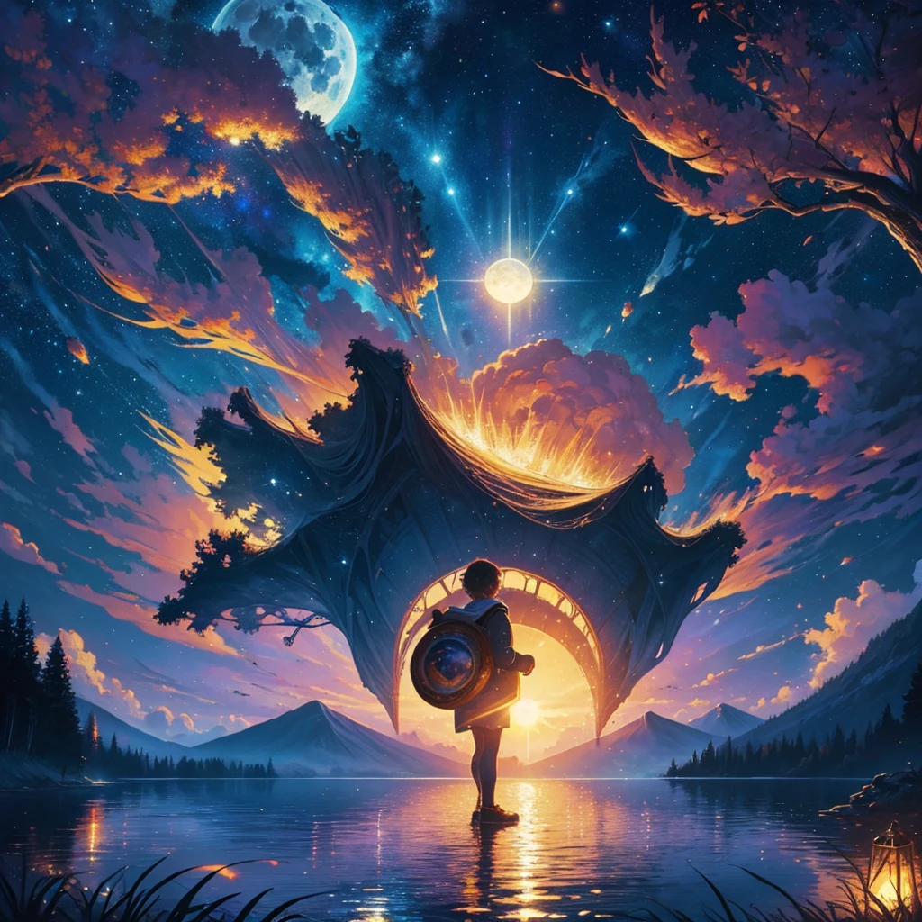 a painting of a lake with a full moon and trees, a fine art painting by Dan Mumford, tumblr, space art, magical sparkling lake, painting by dan mumford, dan mumford and albert bierstadt, dan mumford paint, glowing reflections, in the style dan mumford artwork, dan mumford and thomas kinkade, el bosco and dan mumford