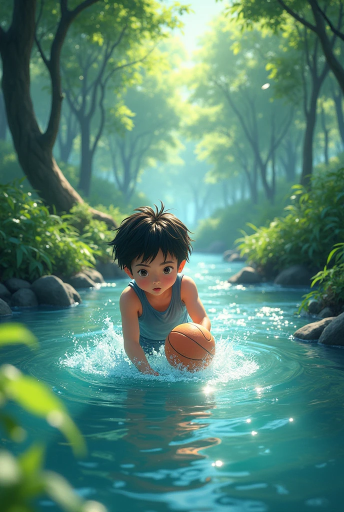Tsubasa is in the turkey river and he is pick a ball from down