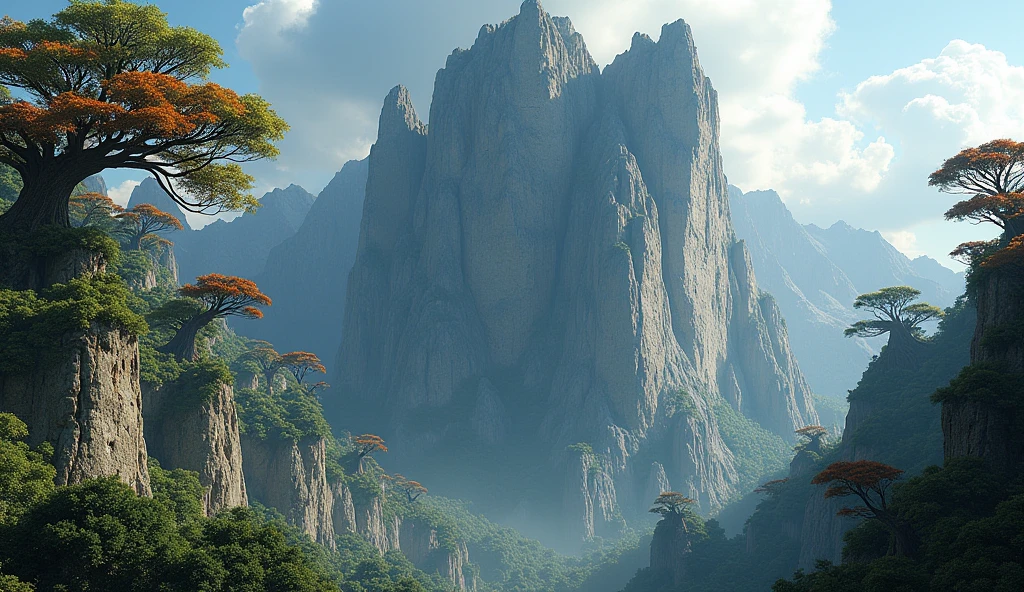 There is a mountain that is too steep to climb,There are many strange-shaped trees on the cliff.(best quality,4K,8k,High level,masterpiece:1.2),Ultra Detailed,(lifelike,Photo real,Photo real:1.37)
