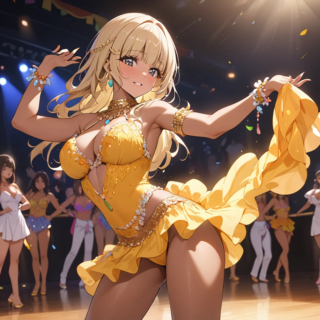 ((Highest quality)), ((masterpiece)), (detailed), (Perfect Face)、The woman is Reika Aoki, a Latin American with dark skin and medium-long blonde hair.、A woman is dancing the lambada in a lambada costume in South America