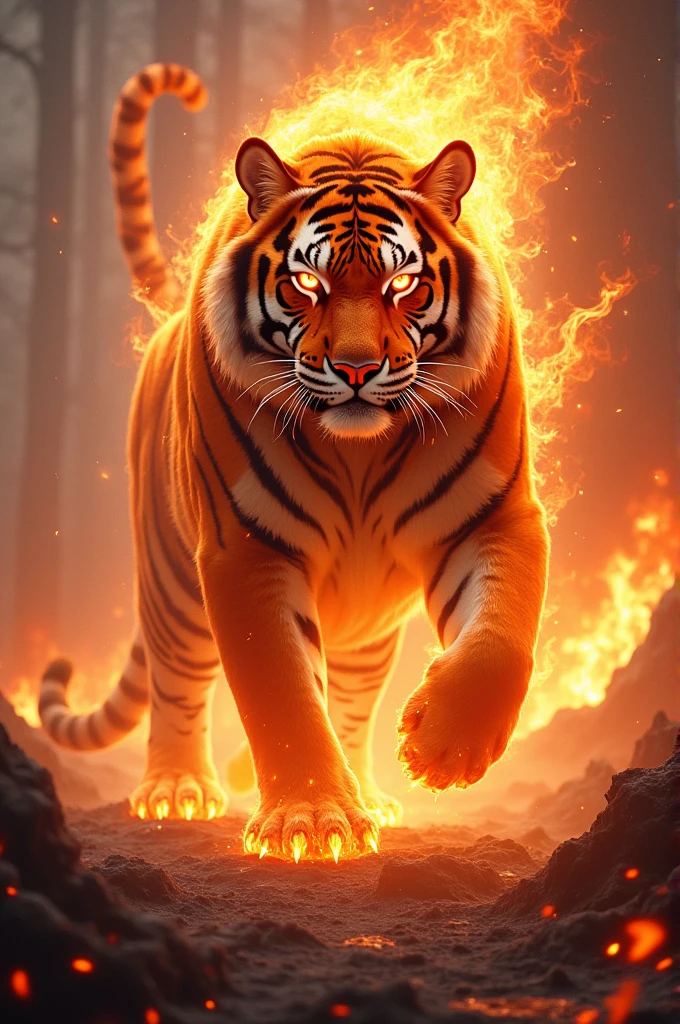 A fire elemental tiger wearing a brave suit is spreading its territory, the Heavenly Fire Domain is consuming the earth.