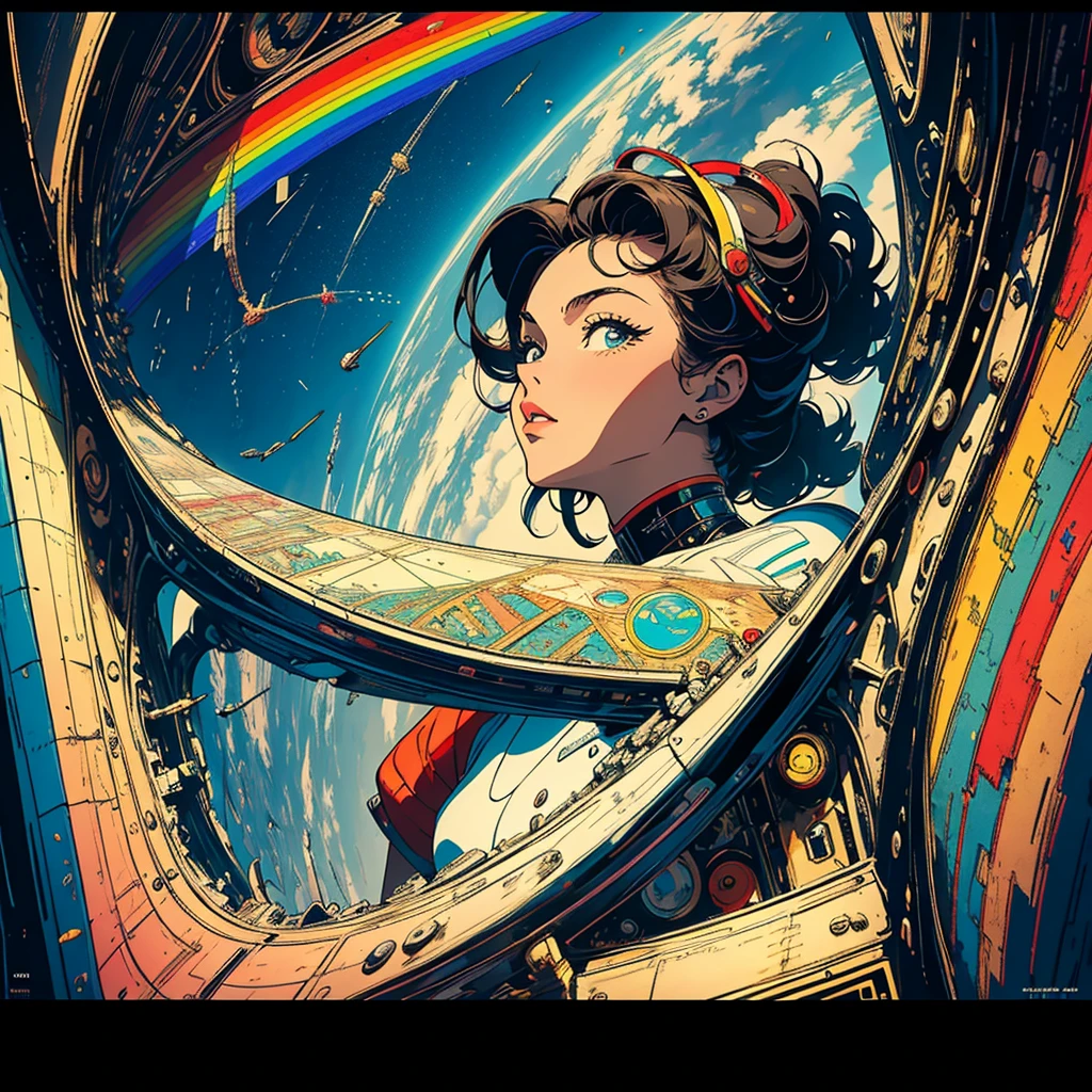 (masterpiece, highest quality), 32k,(A very detailed beautiful woman), poster,science fiction,1960s,1970s,bauhaus, shape, OK, abstract, propaganda,movie poster, vintage,retro,futuristic,anime,ultimate map,Perfect rainbow,highlight,angle from below,amazing hair,
