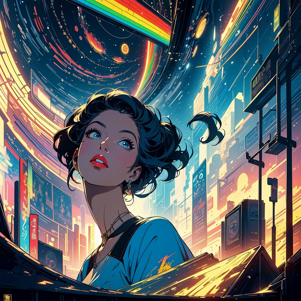(masterpiece, highest quality), 32k,(A very detailed beautiful woman), poster,science fiction,1960s,1970s,bauhaus, shape, OK, abstract, propaganda,movie poster, vintage,retro,futuristic,anime,ultimate map,Perfect rainbow,highlight,angle from below,amazing hair,