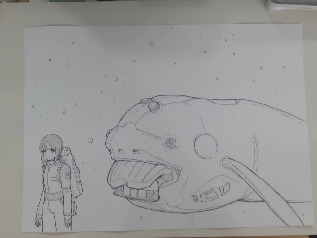 sketches of a drawing of an anime girl in space suit, scientist girl, with giant mech whale, outline sketch, clean anime outlines, detailed penciling, heavy outlines, thick outline, rough sketch, detailed but rough, line sketch!!, thick outlines, outlined!!!, intense line art, ink outlines, hyper contrast well drawn, line sketch, line art!!, clean lineart