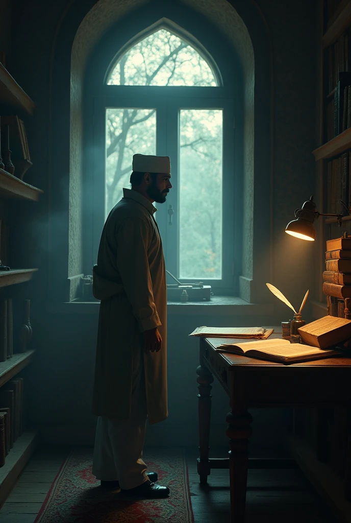 Here's a prompt based on the verse:
**Prompt:** "A dimly lit, antique study room filled with books and manuscripts, with an old ink bottle and quill on a wooden desk. In the background, a shadowy figure of a thoughtful man in traditional Mughal attire (resembling Ghalib) gazes out of a window with an air of deep contemplation. The ambiance reflects an aura of melancholy and mystery, with subtle, dark tones. The words 'बेखुदी बेसबब नहीं ग़ालिब, कुछ तो है जिसकी पर्दादारी है' appear softly glowing in the air, blending with the misty, dim light."
This prompt should capture the essence of the couplet visually.
