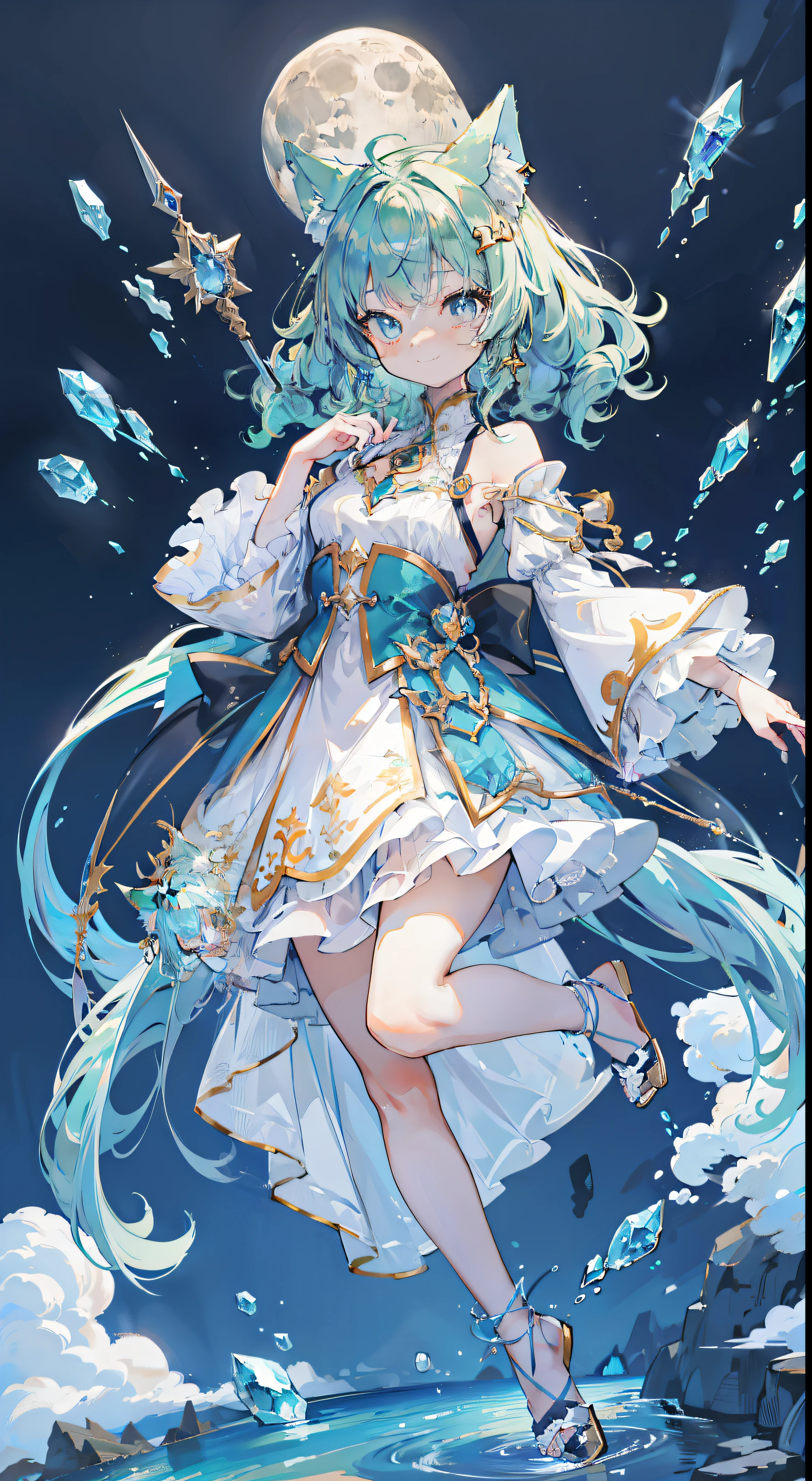 ((Tabletop, Highest quality:1.1))、8k、(Full body standing pose)、Beautiful girl with green hair，curly，Disheveled Hair，Cat ears, White Dress，A deep blue gemstone is set in the chest........，barefoot，Put a blue ring on your ankle，(Holds blue gemstone wand perfectly)，Behind him is a shooting star in the night sky々is spreading，The moon is in the sky、With a smile