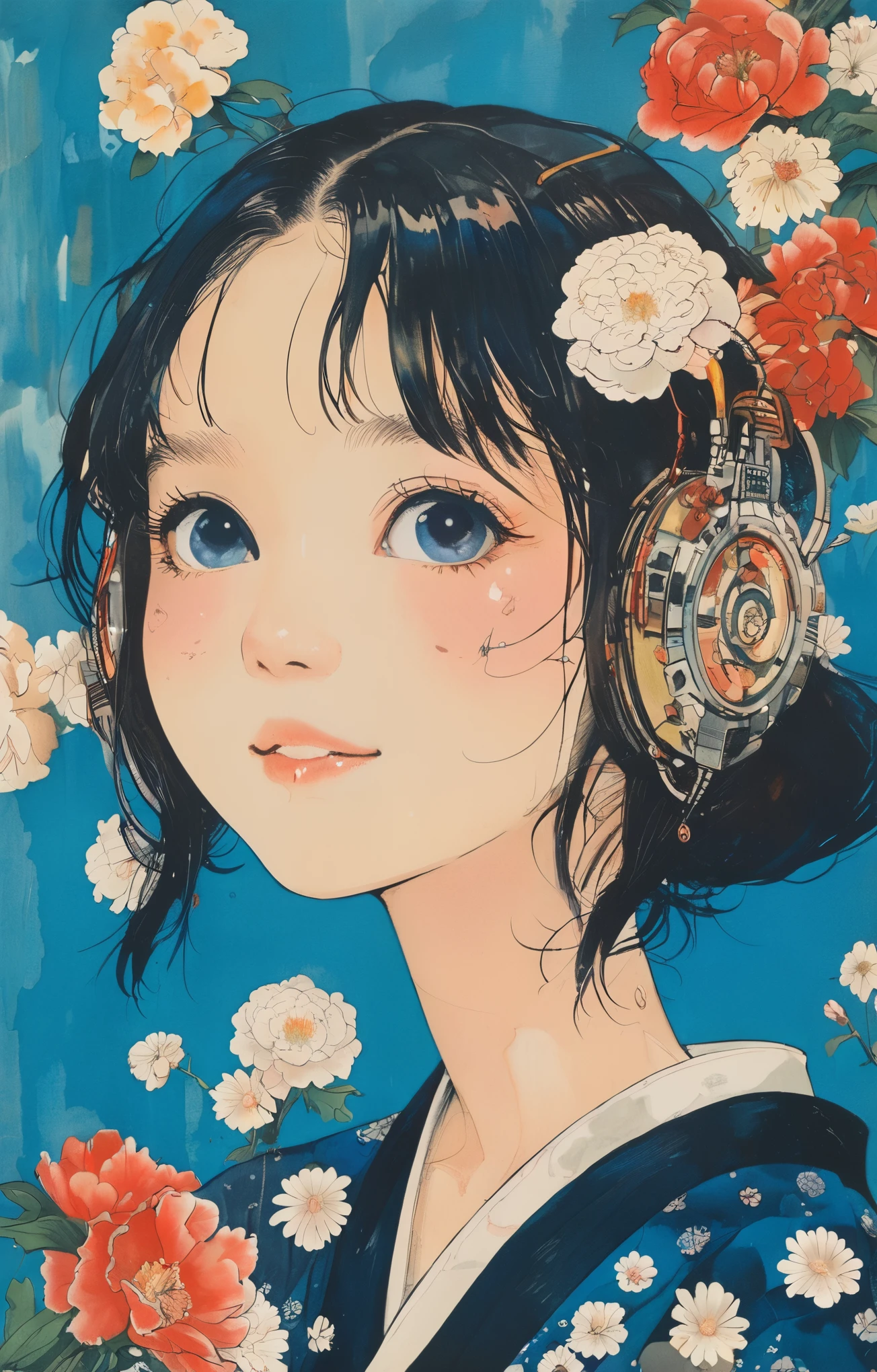 style of Kawanabe Kyosai, Asian、high school girl、Bobcut、Floral Sukajan、Blue long skirt、Floral Background、smile、Upper Body