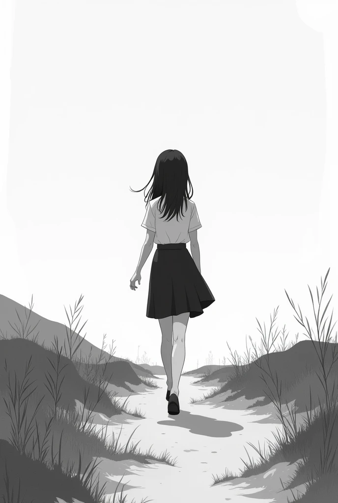 An anime girl with a landscape where the girl is walking in black and white with no people around but a little closer the girl looking straight ahead