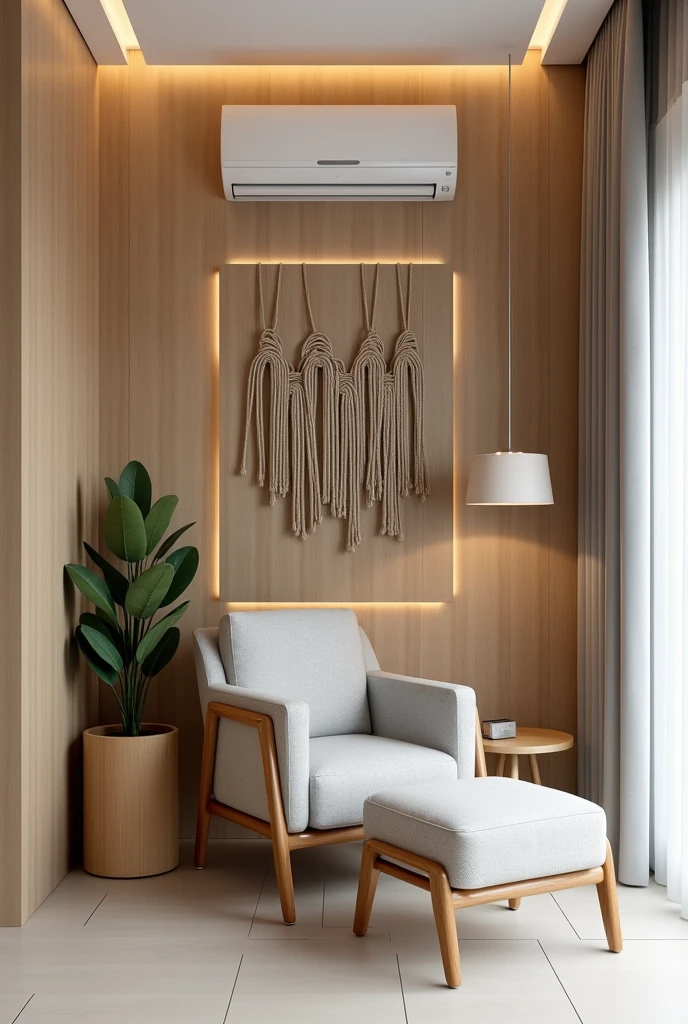 Create an image of a reading corner in a modern living room with wooden elements and cozy design. The space features a comfortable light gray armchair with wooden details on the arms and legs.. In front of the armchair, there is a matching designer pouf, also with wooden details. The background of the image shows a wooden wall with indirect lighting built into the ceiling., criando uma atmosfera quente e acolhedora. Next to the armchair, there is a small wooden side table with a cylindrical shape, on which there is a decorative plant. On the wall next to the armchair, there is an art installation made up of large hanging rope links. A white air conditioner is fixed to the wall above the art installation.. The floor is light porcelain, complementing the neutral palette of the room