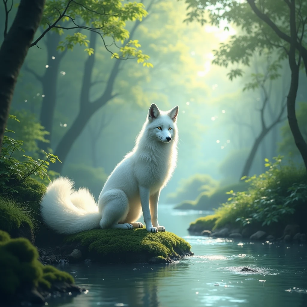 The white nine-tailed fox is a mythical animal in ancient Chinese mythology.,Refers to:《Classic of Mountains and Seas》The Fox,It is in a forest wonderland,A place with a river,A place full of mystery and dreams,The weak sunlight shines,High-resolution photos