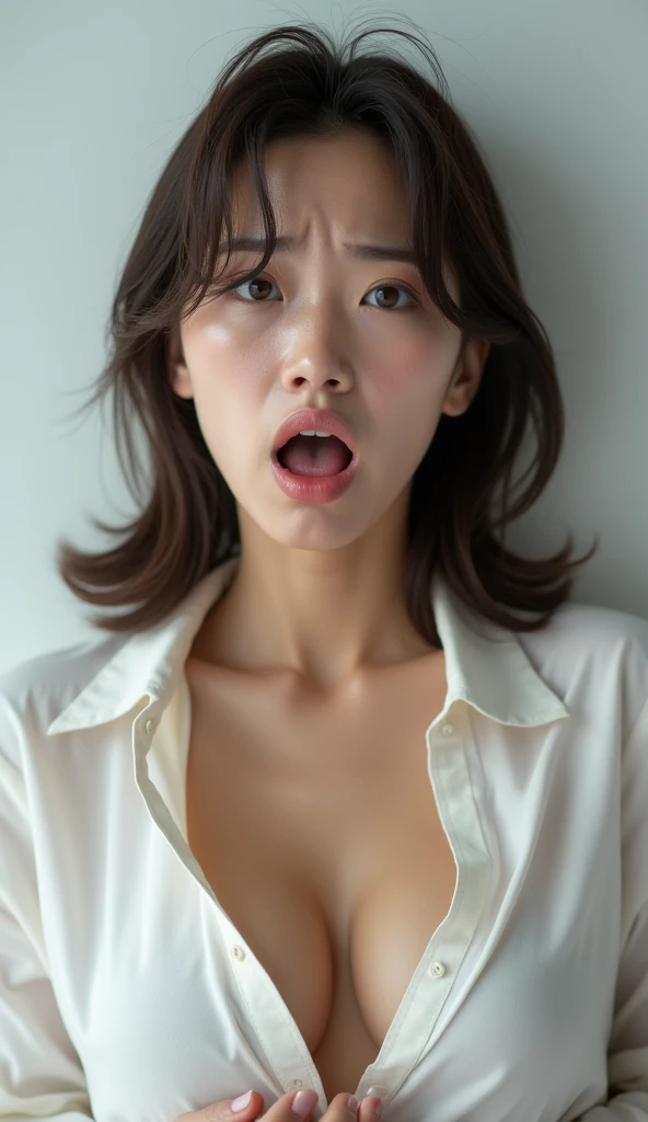 Beautiful woman、japanese 、40 years old、Brown Hair、Medium Hair, Grey Eyes, (Drop your eyes:1.1), (Big Breasts:1.3), (Great cleavage:1.2), break,
//expression, (Very embarrassed face:1.2), blush, Sexual climax face, (Open your mouth:1.3), (Sticking out tongue:1.4), (Half-close your eyes:1.3), cry, saliva,
//posture, Kneel, Leaning forward, (Cover your chest with your hands:1.6), break,
//fashion, White collar shirt, ボタンを全て外したWhite collar shirt, No underwear,
//Fetish,
//White background, Daytime,
//quality, Realistic photos, (best quality:1.5), (Ultra-realistic:1.2), (High resolution:1.5), (Cinema Lighting:1.2), View, Upper Body Shot, Structure from head to thighs, RAW Photos, (4K. 8K high-precision images), Detailed Texture, Sharp focus,Very detailed,