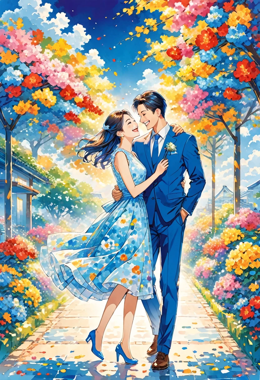 Illustration of a happy couple、Vivid colors、The atmosphere is blue
