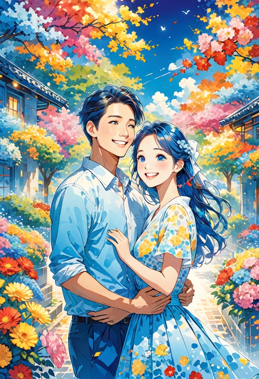 Illustration of a happy couple、Vivid colors、The atmosphere is blue