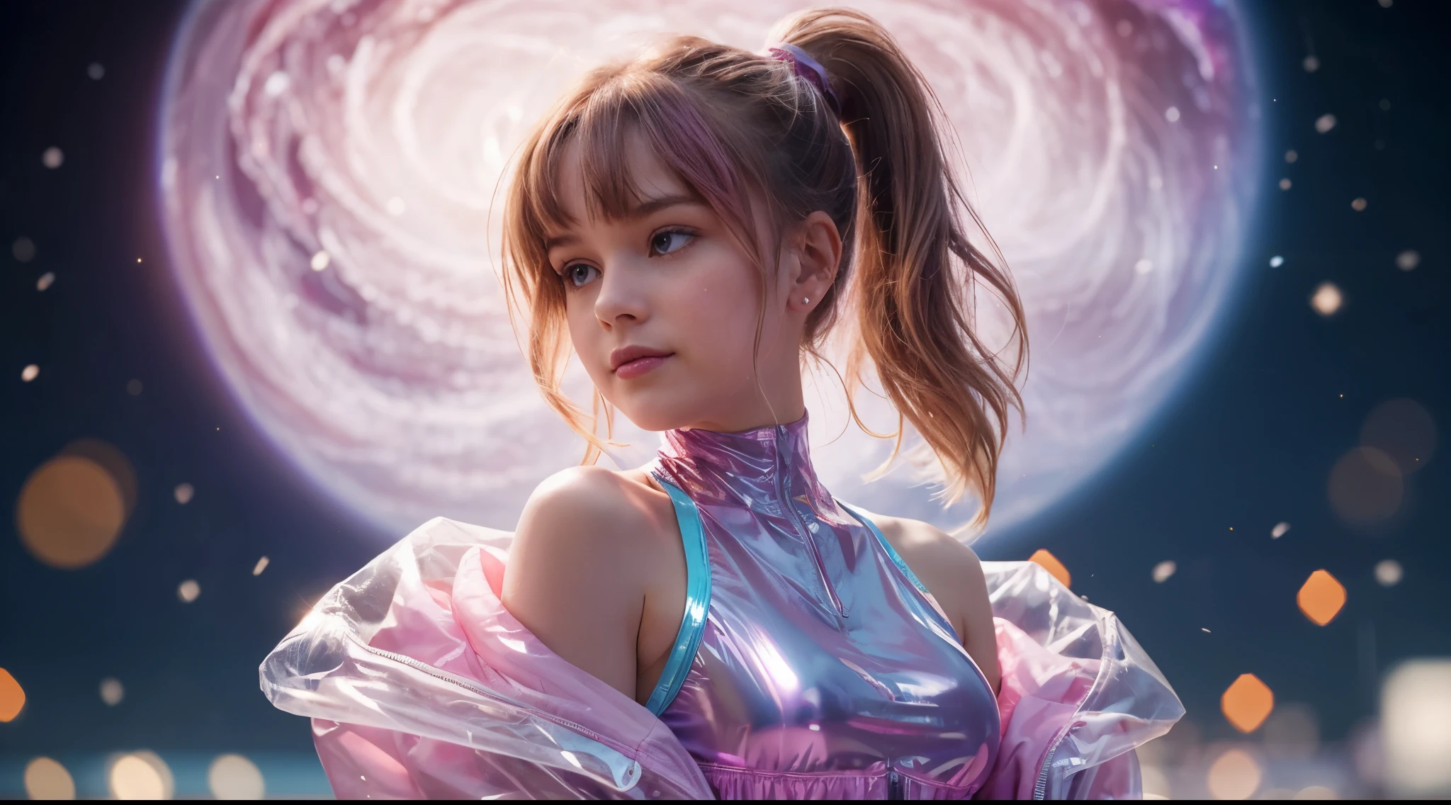 girl, (from side:0.8), (from below:0.2), (see-through plastic jacket:1.2), shoulder tilt, (young, cute:1.8), (:1.2), off-shoulder, detailed face, (looking at viewer:1.4), ponytail, bangs, parted lips, shoulder, pink highleg (high-neck leotard), detailed streamline details, thigh, shiny, sharp focus, (pink nebula:1.2), light particles, blurry background, blurry foreground, bokeh, enchanting, otherworldly, soft colors,