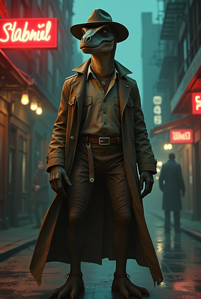 a humanoid velociraptor wearing detective attire,70s noir style art,with serious expressions and strong impact