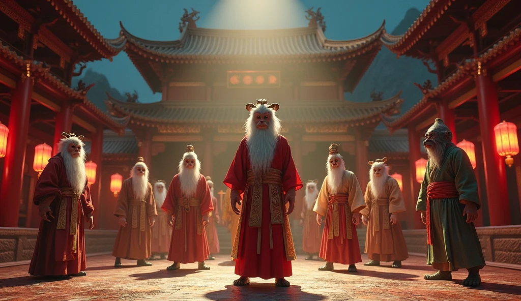 Chinese Mythology Journey to the West,Qi Tian Great Sage,Pig,Tang Sanzang,Sha Wujing,rock band,puppet show stage,temple background,Night,A crowd,detail,Surreal,masterpiece,8K wind resolution,overclocked renderer,