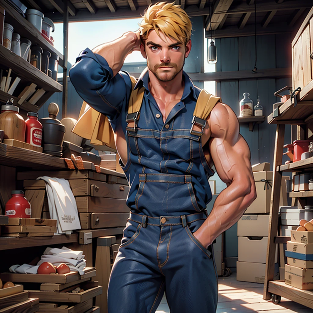 masterpiece, best quality, face, natural eyes, 1man, macho man,, thin yet muscled and mature, stephen amell as a carpenter wearing totally unbuttoned overall, sweating, tight cloth showing his muscles and bulge , full body , background wood workshop , woodwork of chairs  , tools , wood parts , volumetric dynamic bright  light .....