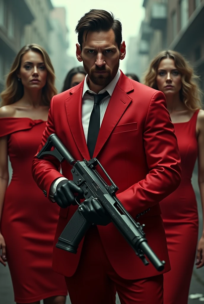 Messi is a gangster wearing red dress with a big gun with some men also wearing red dress