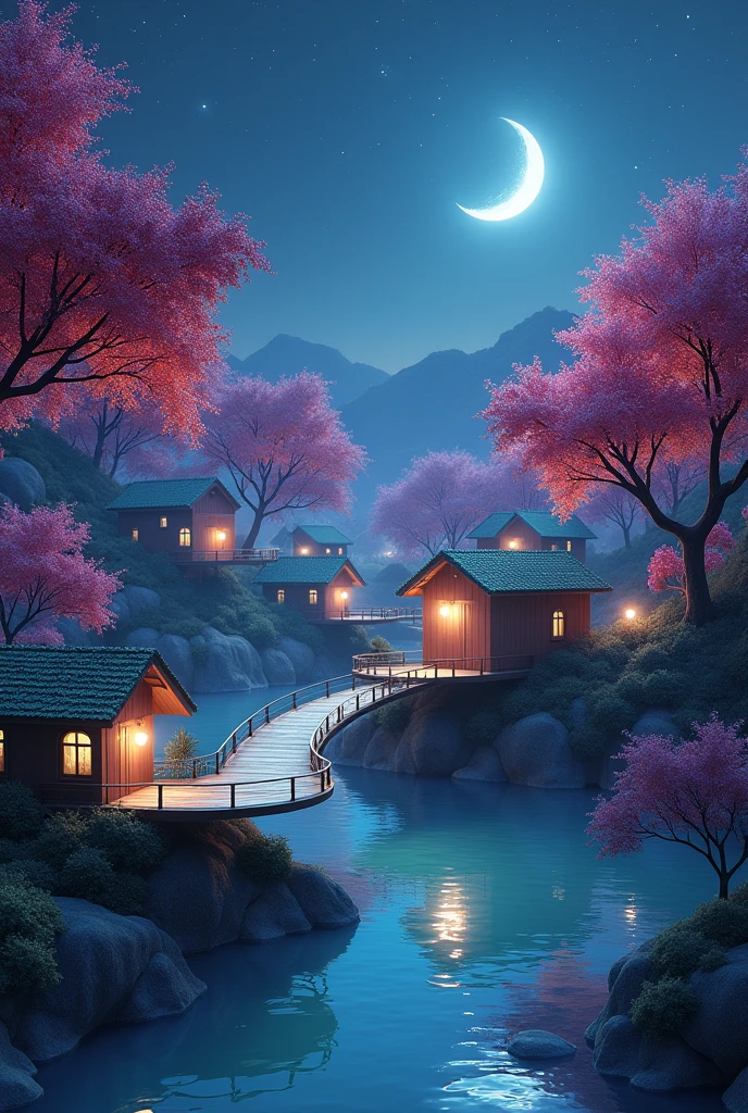 Floating houses and colorful trees connected by illuminated paths at night