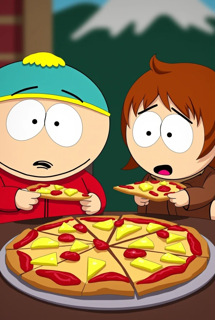 South park eating pizza with pineapple