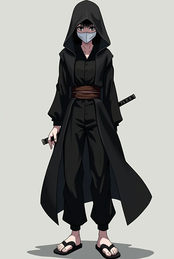 A 1 man in black pants, sandals, a black blouse with long sleeves, a hood that covers your hair completely and a white mask that hides your mouth and nose, your skin is white and leaves your eyes showing, His eyes are black in color, he is standing with his left arm behind his back and his right arm is holding a shuriken, he has a brown belt around his waist, anime styling!
