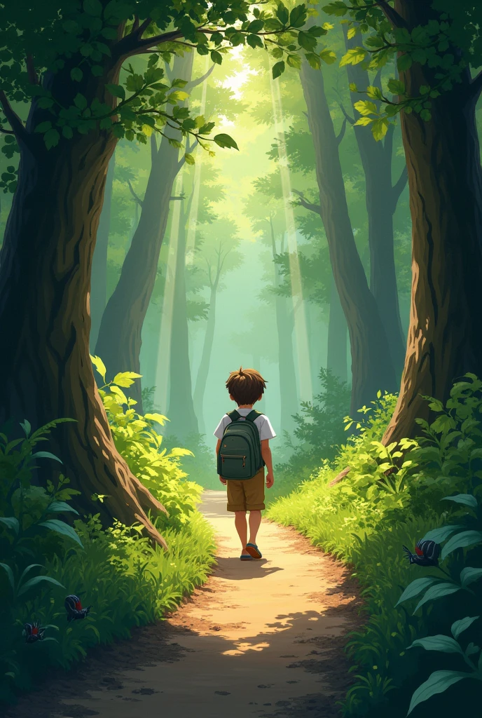 A boy was going to his village house. The path is situated between a dense forest.