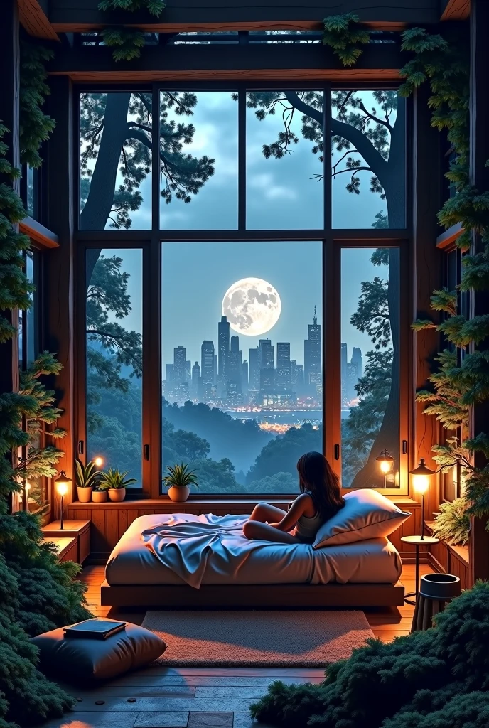 An ordinary bedroom in the forest at night，City view, Large windows, comfortable bedroom, 