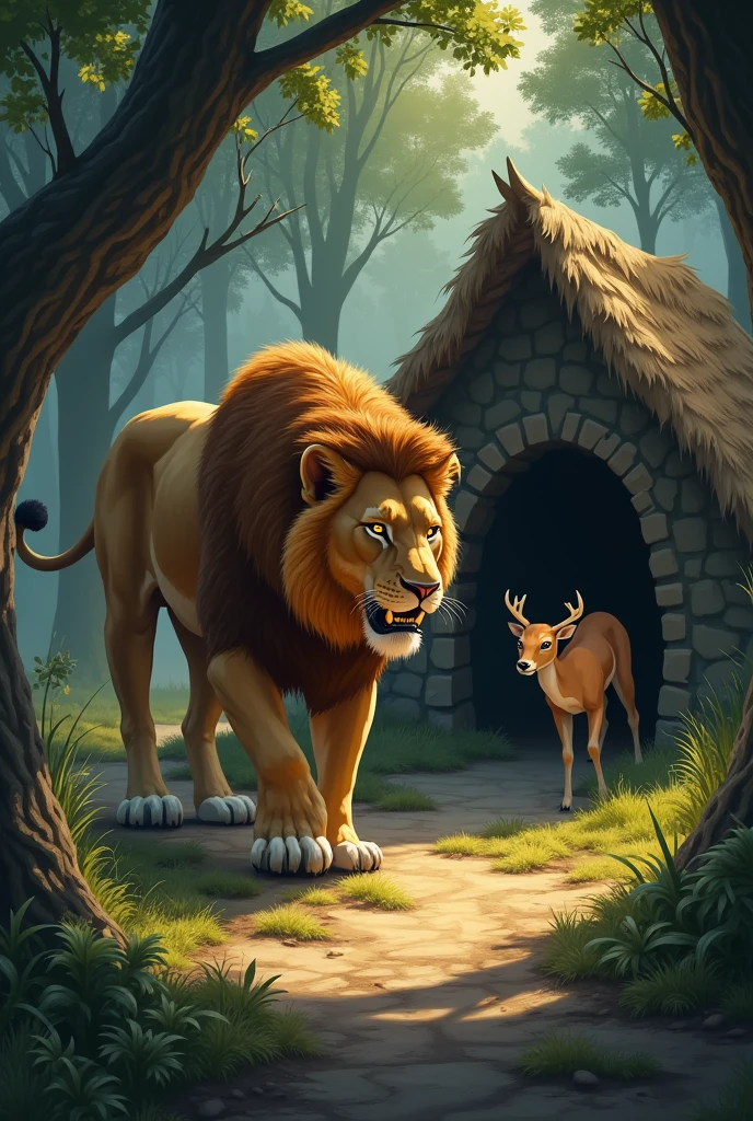 A lion wait out of deer's house for haunting the deer and deer feeling scared inside its house 